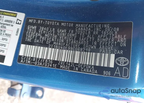 2009 Toyota Corolla Le z USA, uszkodzony, nr VIN 2T1BU40E99C068218